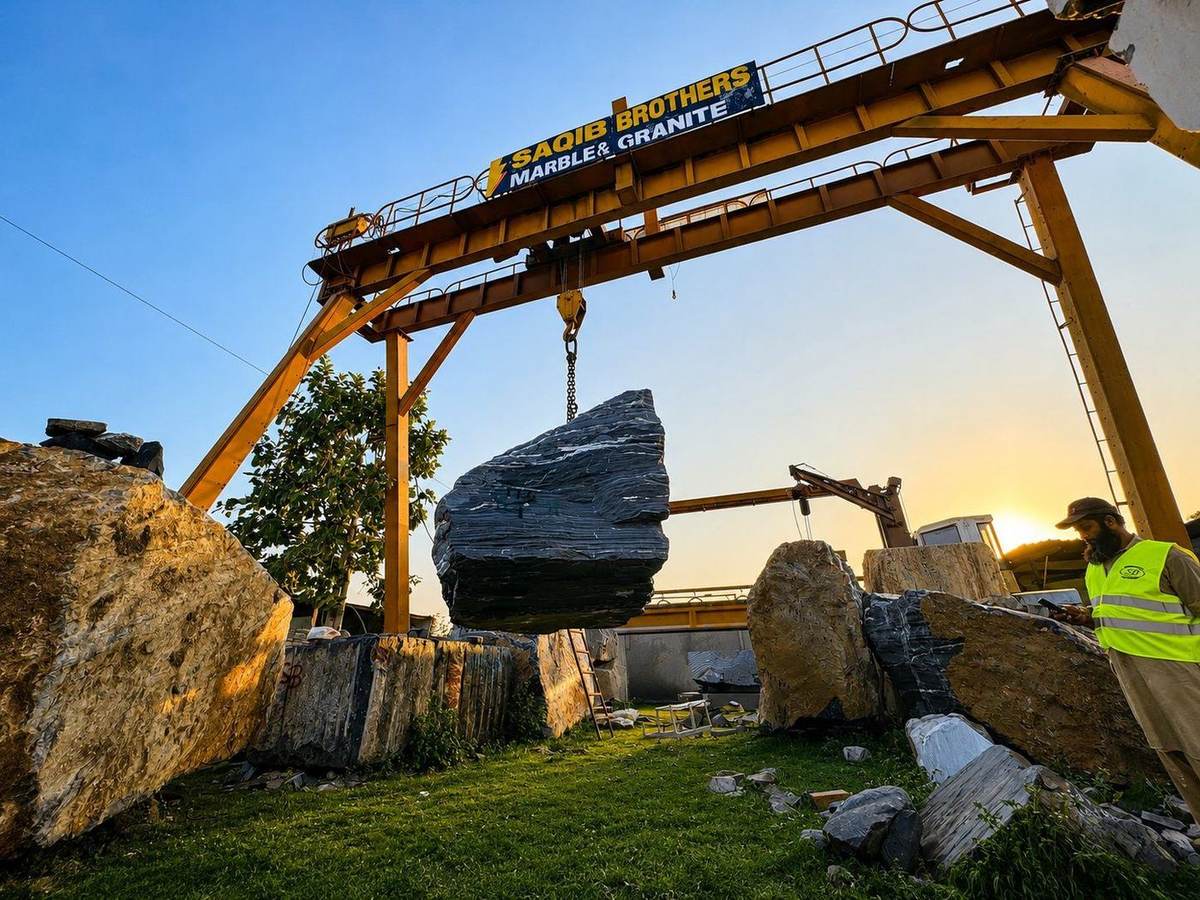 Gantry crane lifting a raw marble block at the Saqib Brothers yard at sunset