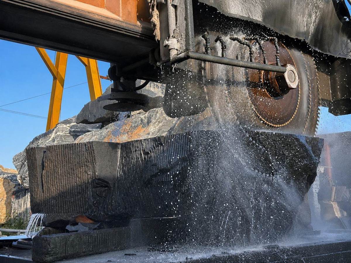 Diamond saw blade cutting a raw marble block under water at the Saqib Brothers facility