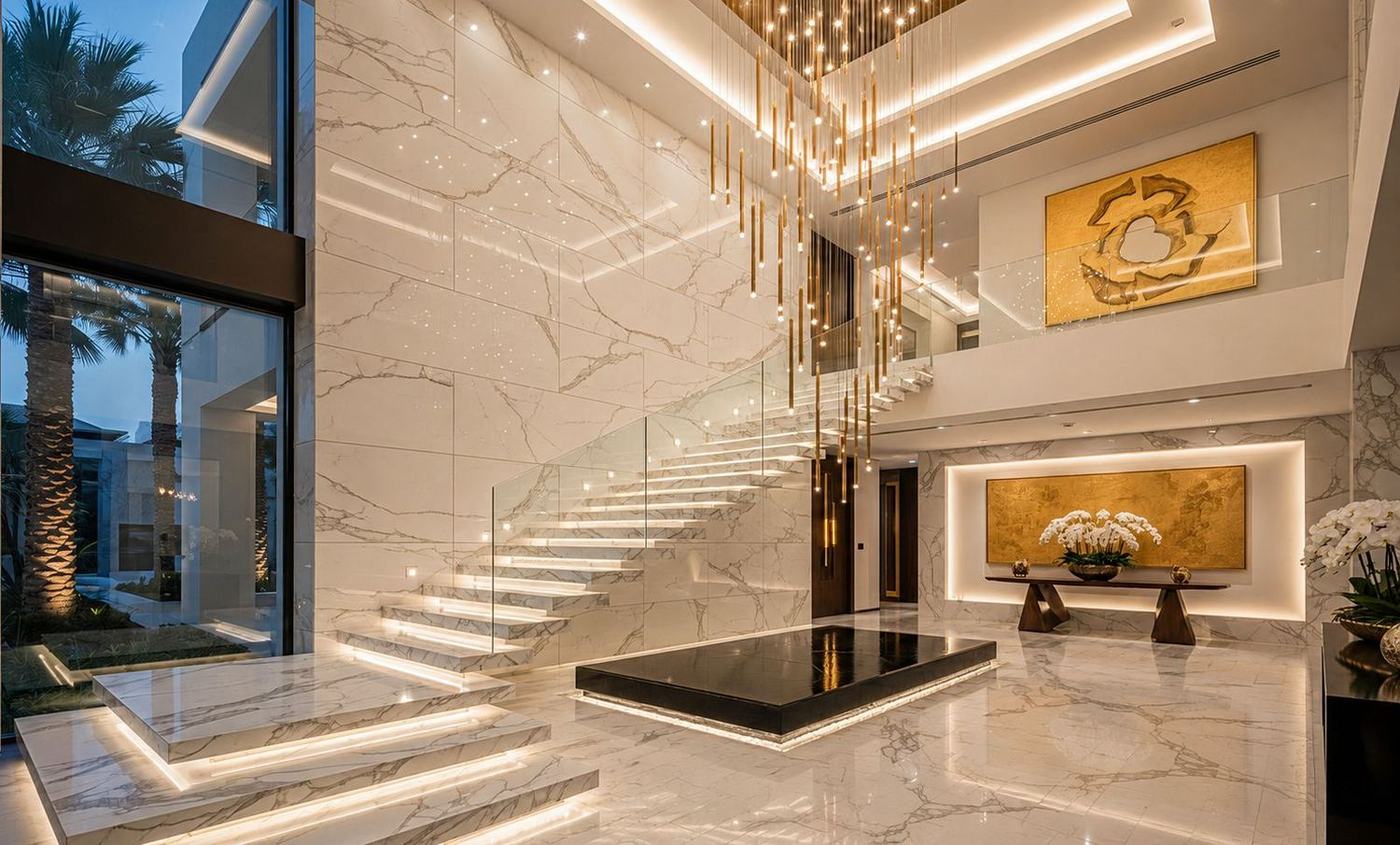 Corporate lobby in stone — Saqib Brothers
